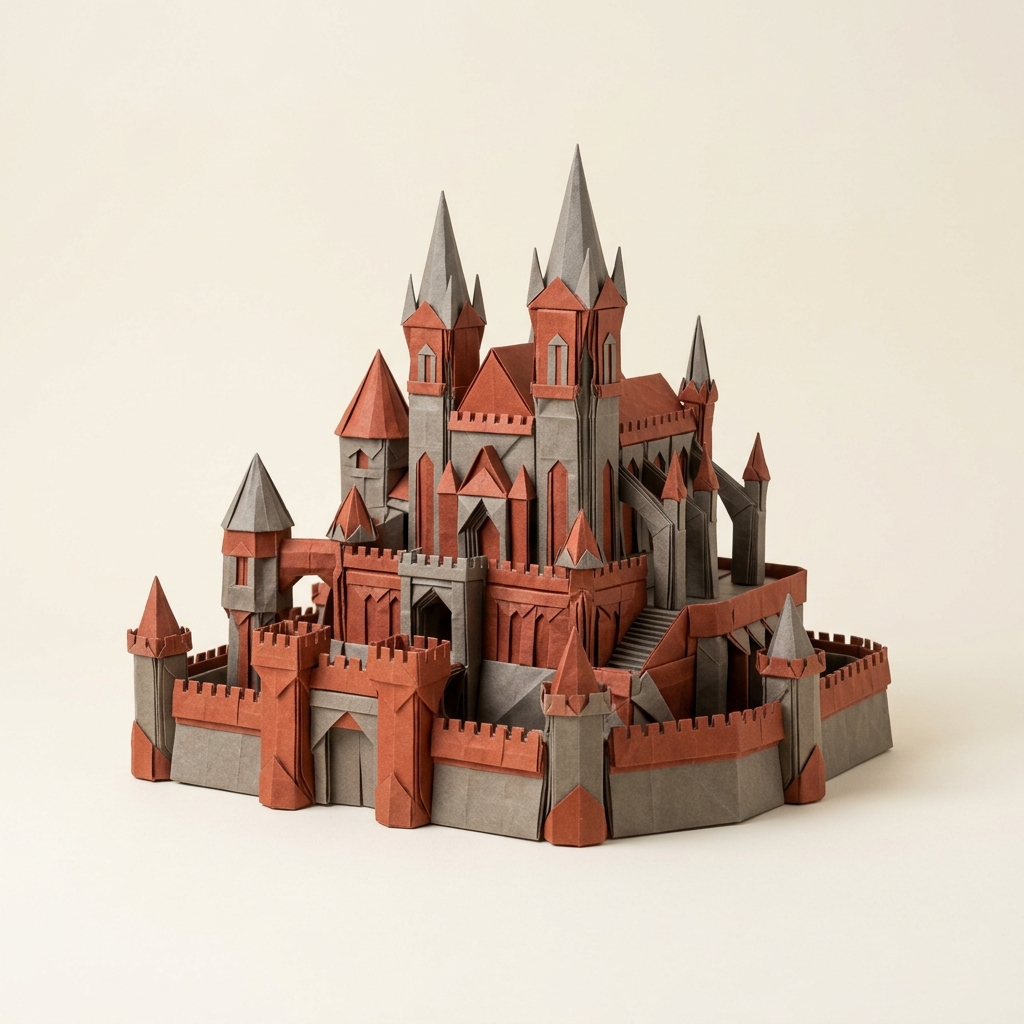 An intricate origami sandcastle representing fragile one-off AI builds