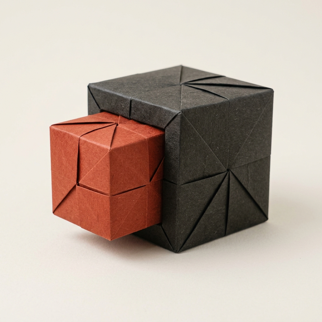 An origami puzzle cube showing a modular terracotta block sliding out of a stable charcoal foundation