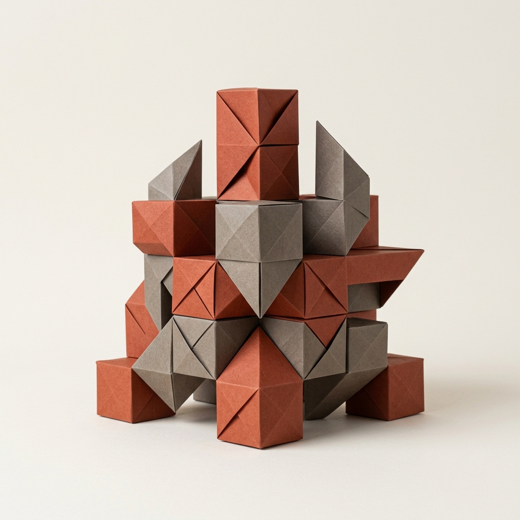 An abstract geometric origami sculpture representing SaaS strategy and architectural foundation