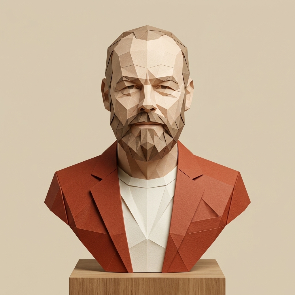 An origami portrait bust of founder Renato Dedić