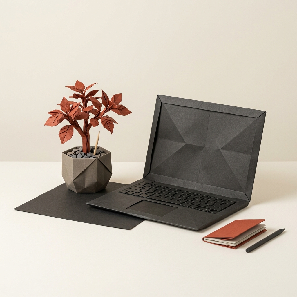 An origami desk setup featuring a folded paper laptop, notebook, pen, and potted plant